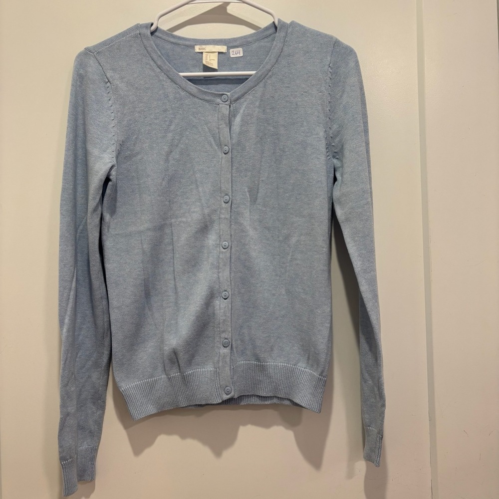 H&M Basic Women Light Blue Cotton Button Front Long Sleeve Cardigan Sweater S‎